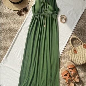 Mon Amie USA Green Halter Neck Plunge Maxi Dress Size Large Made in USA